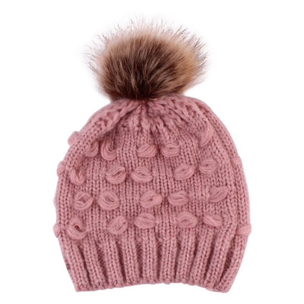 Baby/Toddler Pink Knit Beanie with Fur Pom Pom - Picture 1 of 6